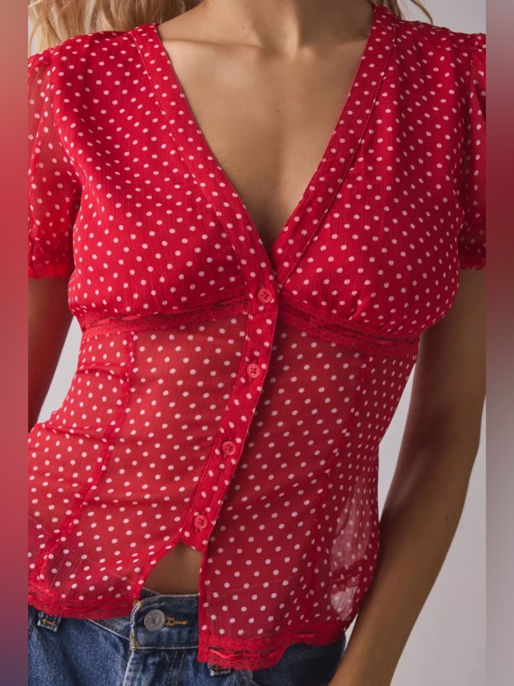 UO Mitchelle Semi-Sheer Polka Dot Chiffon Puff Sleeve Blouse
